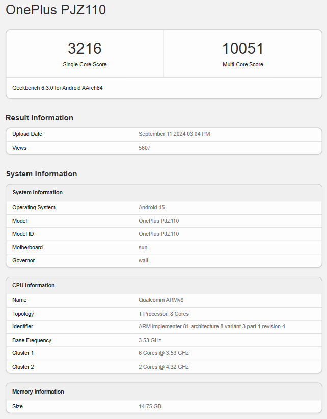 Geekbench listing of the Snapdragon 8 Elite