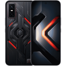 The Infinix GT 30 Pro gaming smartphone, shown with its front screen displaying a fiery red graphic and its back featuring a black, textured, cyber-mecha design with red accents.