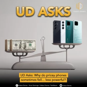 Scale balancing a stack of US dollars against four smartphones, illustrating the question 'UD Asks: Why do pricey phones sometimes feel less powerful?