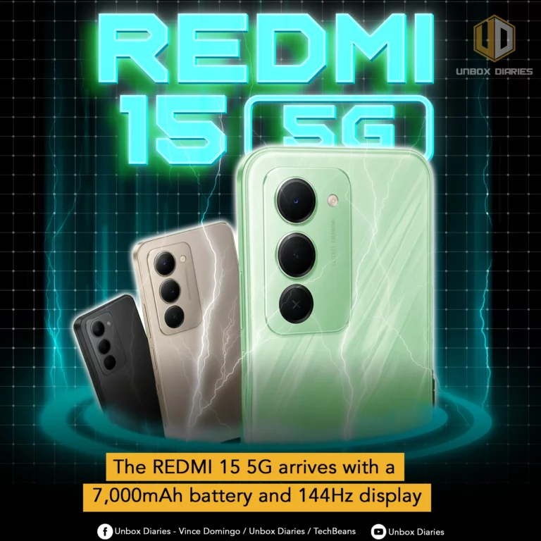 Three Redmi 15 5G phones (black, gold, mint green) with triple cameras are shown with glowing 'REDMI 15 5G' text and a banner stating '7,000mAh battery and 144Hz display'.