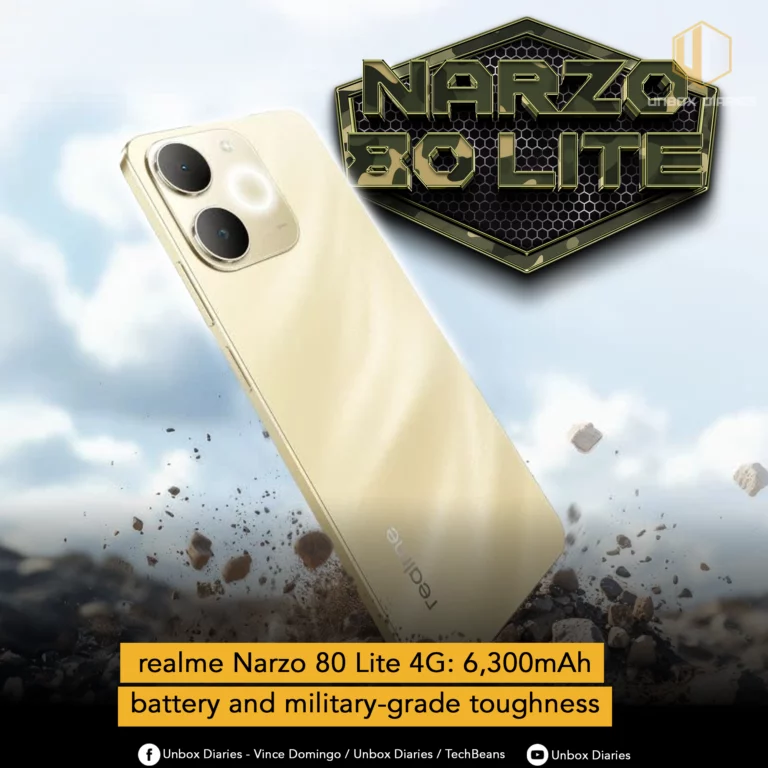 A gold Realme Narzo 80 Lite 4G smartphone, with its back facing upwards, is shown amidst debris or dust, suggesting durability. Above it, a prominent 3D text reads 'NARZO 80 LITE'. Below the phone, a yellow banner highlights key features: 'realme Narzo 80 Lite 4G: 6,300mAh battery and military-grade toughness'. Social media handles are visible at the bottom.