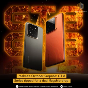 Two Realme GT 8 series smartphones, one dark gray and one burnt orange, are displayed against a cracked, glowing orange and black background resembling lava, with large stylized 'GT8' letters partially visible. Both phones are shown from the back, highlighting their prominent, rectangular camera modules. A yellow banner at the bottom reads: 'realme's October Surprise: GT 8 Series tipped for a dual flagship drop!'. Social media handles are visible at the very bottom.