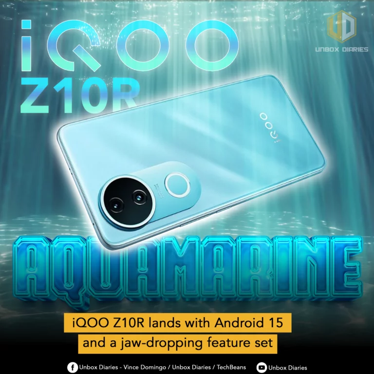 A light blue iQOO Z10R smartphone, viewed from the back at an angle, is featured prominently against a glowing blue, water-ripple like background. Its circular camera module has a metallic ring around one of the lenses. Large, glowing blue 3D text 'iQOO Z10R' is in the top left, and even larger 'AQUAMARINE' text is at the bottom. A yellow banner below states: 'iQOO Z10R lands with Android 15 and a jaw-dropping feature set'. Social media handles are at the very bottom.