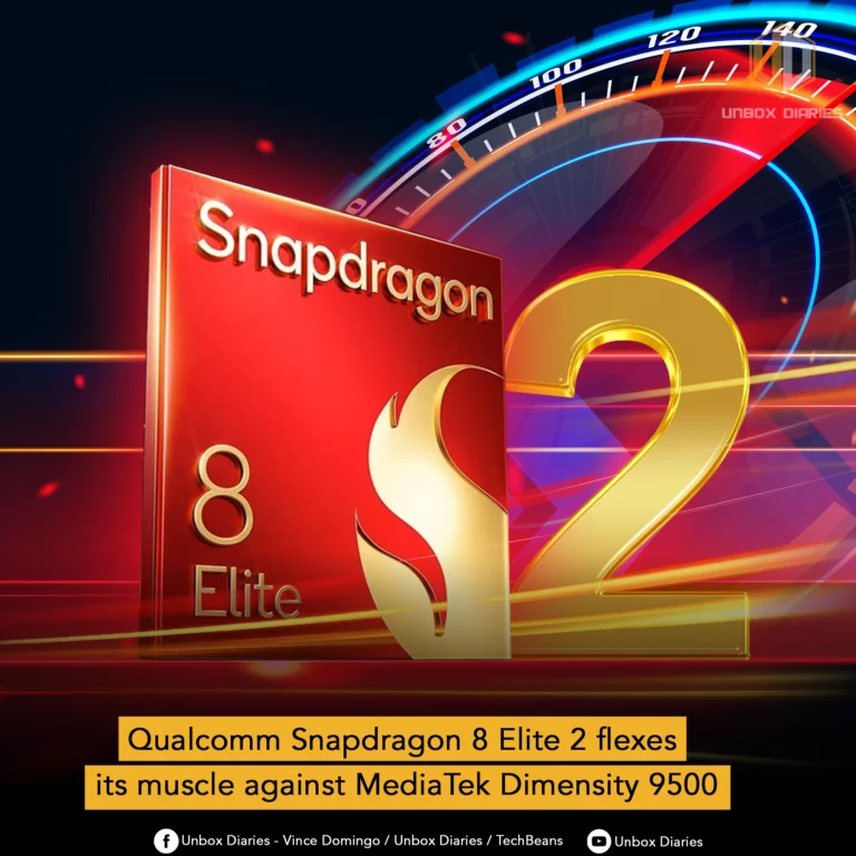 A red rectangular block with 'Snapdragon 8 Elite' on it is positioned next to a large, golden number '2', suggesting 'Snapdragon 8 Elite 2'. In the background, there's a speedometer-like graphic with red and blue accents, indicating speed or performance. Below, a yellow text box reads: 'Qualcomm Snapdragon 8 Elite 2 flexes its muscle against MediaTek Dimensity 9500'. Social media handles are at the bottom.