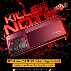 A red smartphone is angled on a dark, fragmented background with red glowing debris. Above it, "KILLER NOTE" is written in red, distressed letters. Below, a caption reads "REDMI Note 14 SE 5G delivers flagship-level features without the flagship price." The "Unbox Diaries" logo and social media handles are also present.