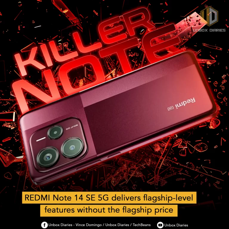 A red smartphone is angled on a dark, fragmented background with red glowing debris. Above it, "KILLER NOTE" is written in red, distressed letters. Below, a caption reads "REDMI Note 14 SE 5G delivers flagship-level features without the flagship price." The "Unbox Diaries" logo and social media handles are also present.