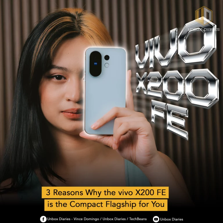 A woman with two-toned hair holds up a light-colored smartphone. To her right, "vivo X200 FE" is written in large, metallic 3D letters. Below, text reads "3 Reasons Why the vivo X200 FE is the Compact Flagship for You." The "Unbox Diaries" logo is in the top right, and social media handles are at the bottom.