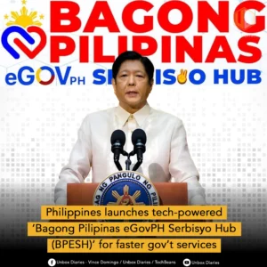 A promotional graphic featuring Philippine President Ferdinand 'Bongbong' Marcos Jr. speaking at a podium with two microphones, against a background displaying the large red and blue 'BAGONG PILIPINAS eGOVPH SERBISYO HUB' logo. A yellow banner below the president's image announces, 'Philippines launches tech-powered 'Bagong Pilipinas eGovPH Serbisyo Hub (BPESH)' for faster gov't services.' The 'Unbox Diaries' logo is in the top right, and social media links are at the bottom.