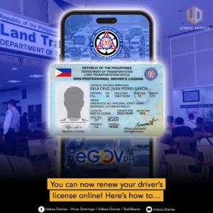 A graphic about online driver's license renewal in the Philippines. The main focus is a detailed image of a Philippine non-professional driver's license, seemingly displayed on a smartphone screen. The background behind the phone shows a blurred image of cars and text related to the Land Transportation Office (LTO). A yellow banner at the bottom reads, 'You can now renew your driver's license online! Here's how to...' The 'Unbox Diaries' logo is in the top right, and social media links are at the bottom.