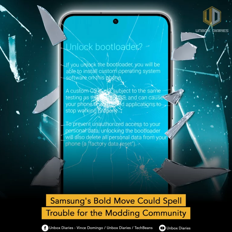 A cracked smartphone screen displaying a Samsung 'Unlock bootloader?' warning message. The text explains that unlocking will allow custom OS installation but warns of risks and states it will delete personal data. Shattered glass shards are scattered around the screen.