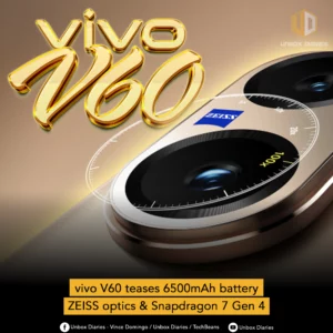 A visual representation of the upcoming Vivo V60, emphasizing its long-lasting 6500mAh battery, professional ZEISS camera system, and next-gen Snapdragon 7 Gen 4 chipset.