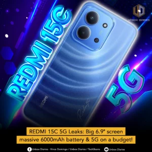 A deep blue REDMI 15C 5G smartphone viewed from the back, showing its textured finish and a rectangular camera module with two large lenses. Large blue glowing text 'REDMI 15C' and '5G' frames the phone. A text box at the bottom reads 'REDMI 15C 5G Leaks: Big 6.9" screen massive 6000mAh battery & 5G on a budget!'.