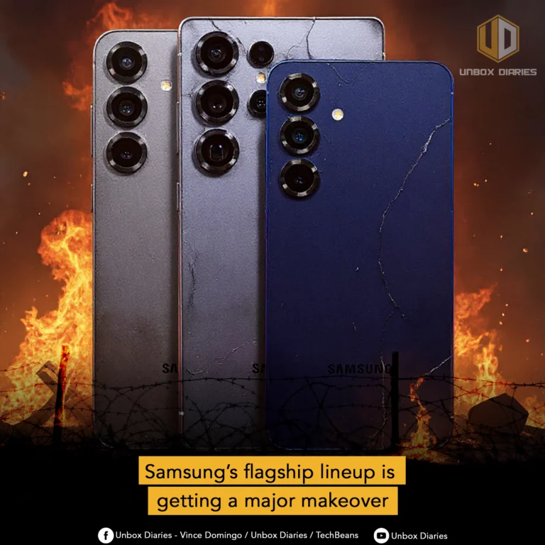 Three Samsung smartphones, appearing to be from a recent Galaxy S series, are shown standing upright against a dramatic background of flames, barbed wire, and what looks like a battle-torn landscape. The phones are in shades of gray/silver and dark blue, with cracked textures hinting at damage or a drastic change. A large yellow banner at the bottom reads 'Samsung's flagship lineup is getting a major makeover.' The 'Unbox Diaries' logo is in the top right corner, and social media handles are at the bottom.