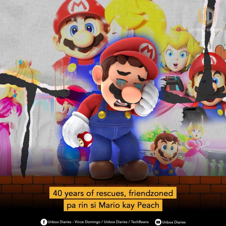 A collage-style image depicting a distressed Mario character in the foreground, wiping away tears while holding a Super Mushroom. Behind him, several torn images of Mario and Princess Peach from various games and media are visible, some looking happy, others in classic poses. The overall background is distressed and grayish. A large text banner at the bottom reads "40 years of rescues, friendzoned pa rin si Mario kay Peach" (which translates to "40 years of rescues, Mario is still friendzoned by Peach"). The "Unbox Diaries" logo is at the top right, and social media handles are at the bottom.