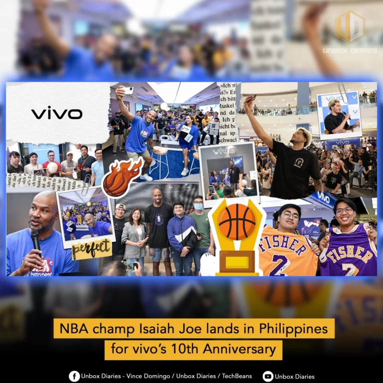 A promotional image featuring a collage of various photos from past vivo x NBA events with basketball players and fans, overlaid with the headline "NBA champ Isaiah Joe lands in Philippines for vivo's 10th Anniversary." The collage includes images of basketball players interacting with fans, taking selfies, and signing autographs, alongside a basketball trophy and the vivo logo. At the top right is the "Unbox Diaries" logo, and at the bottom, social media handles for "Unbox Diaries" are present.