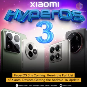 Four Xiaomi smartphones are arranged around a large, glowing blue number '3' and the 3D text 'HyperOS'. The phones showcase different camera module designs. One phone on the left is light green, the one next to it is silver, followed by another silver/gray phone, and a darker gray phone on the right with a prominent 'LEICA' branding on its camera. The background is a vibrant purple and blue gradient with subtle lines. A yellow banner at the bottom reads 'HyperOS 3 is Coming: Here's the Full List of Xiaomi Devices Getting the Android 16 Update'.