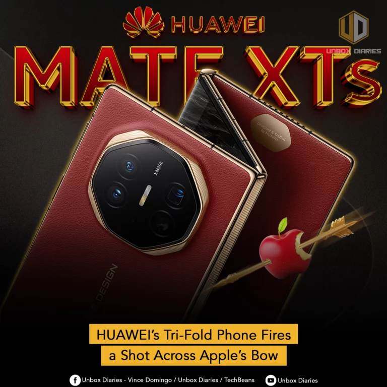 A luxurious, red leather-backed Huawei Mate XT S tri-fold phone with gold accents is partially folded open, showcasing its unique design and circular camera module. A red apple, pierced by a golden arrow, floats nearby, symbolizing competition with Apple.