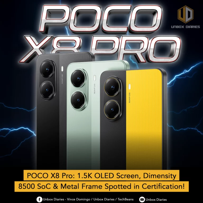 A promotional image featuring three POCO X8 Pro smartphones in black, light green, and yellow, with their backs facing forward. Each phone prominently displays its dual camera lenses and the 'SOMP' branding. The background is dark with stylized lightning bolts, and large metallic text at the top reads 'POCO X8 PRO'. A yellow banner at the bottom states 'POCO X8 Pro: 1.5K OLED Screen, Dimensity 8500 SoC & Metal Frame Spotted in Certification!'. The 'Unbox Diaries' logo is in the top right, and social media handles are at the bottom.