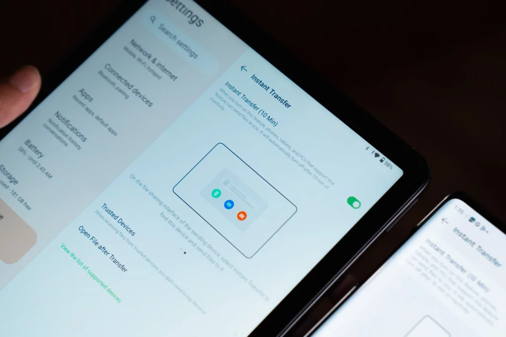 infinix xpad 20's instant transfer connectivity found in the settings.