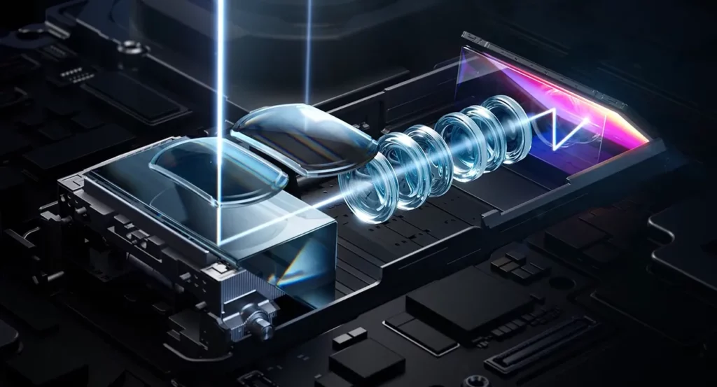 Technical rendering of HUAWEI Pura 80 Ultra's internal switchable dual camera system with light rays.