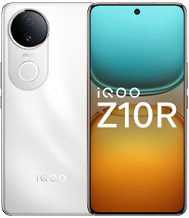 A white iQOO Z10R smartphone is shown from two angles: the left displays its back with a large circular black camera module and a white ring around a smaller circle, while the right displays its front screen with an abstract blue and orange wallpaper and 'iQOO Z10R' text overlaid.