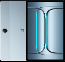 A light gray OnePlus Pad Lite tablet is shown from the back, featuring a circular camera module on the upper left, next to a black screen displaying an abstract image with glowing blue vertical lines.