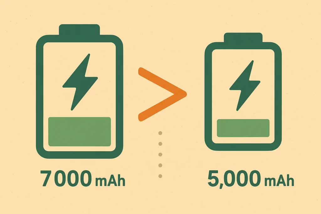 An illustration shows a large battery icon labeled "7000 mAh" on the left, a smaller battery icon labeled "5000 mAh" on the right, and a large orange greater-than symbol (>) in between them, indicating that 7000 mAh is greater than 5000 mAh.