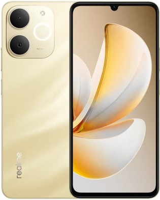 A gold realme narzo 80 lite 4g smartphone shown from the back, with a dual-camera system, and from the front, displaying a colorful abstract wallpaper.