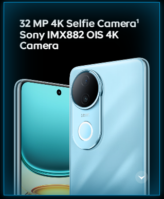 A close-up view of a light blue smartphone, showcasing its rear camera module with a large black circular lens and a glowing white ring around a smaller circle below it. Part of the phone's front screen, displaying a teal and orange abstract image, is visible on the left. White text at the top reads '32 MP 4K Selfie Camera¹ Sony IMX882 OIS 4K Camera'. A downward-pointing chevron icon is in the bottom right.