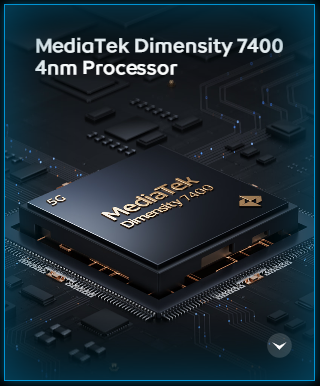 A close-up, angled view of a black MediaTek Dimensity 7400 4nm processor chip, sitting on a circuit board with glowing blue traces. The chip has gold lettering for 'MediaTek Dimensity 7400' and a small '5G' logo. Text at the top reads 'MediaTek Dimensity 7400 4nm Processor'. A downward-pointing chevron icon is in the bottom right.