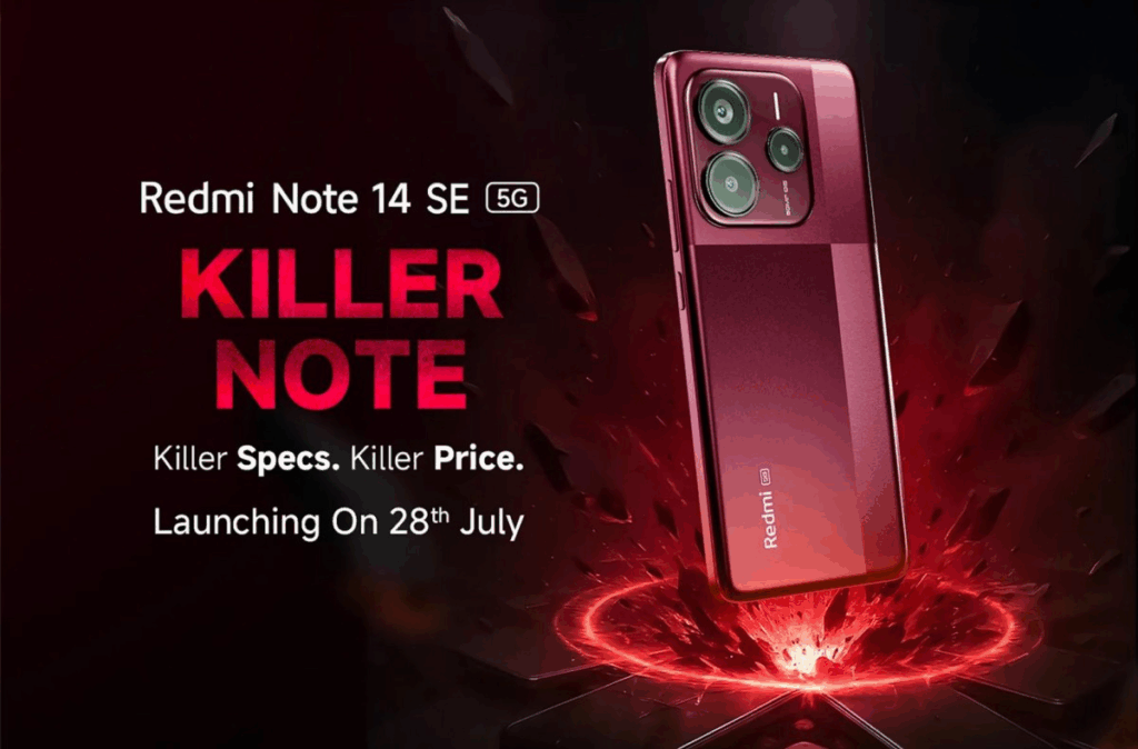 
A marketing image features a dark red smartphone, the Redmi Note 14 SE 5G, standing upright in the center, surrounded by glowing red lines and debris. To the left of the phone, large text reads "Killer Note" in red. Below that, it says "Killer Specs. Killer Price. Launching On 28th July."