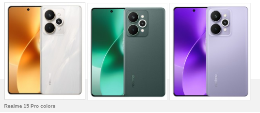 three different colored realme 15 pro smartphones lined up.