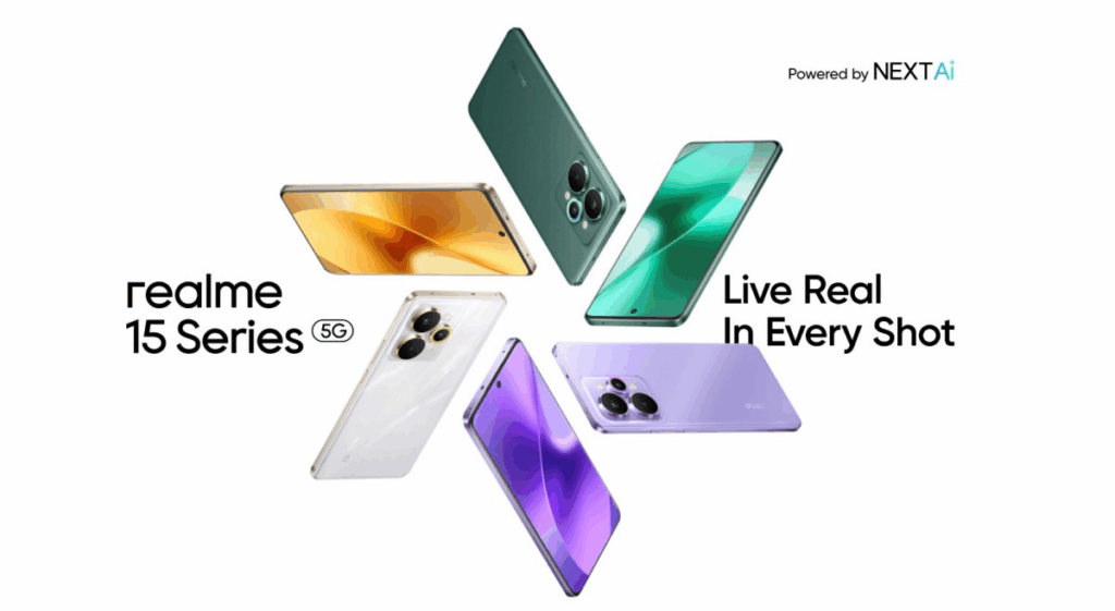 A star-shaped arrangement of five Realme 15 series 5G smartphones in various colors against a white background. The phones include a gold, a dark green (back view), a bright green (screen view), a white (back view), and a purple (screen view). Text to the left reads 'realme 15 Series 5G' and to the right 'Live Real In Every Shot'. In the top right corner, 'Powered by NEXTAi' is visible.