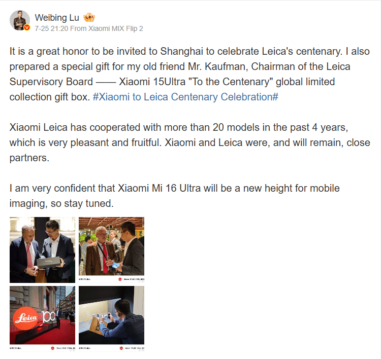 Social media post about Xiaomi and Leica partnership.