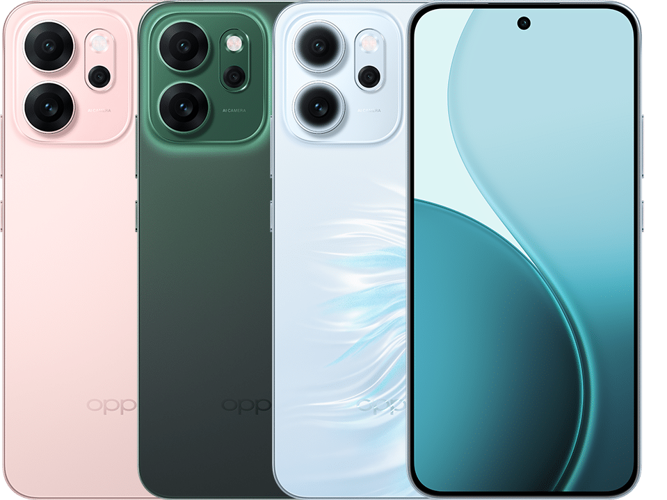 Four OPPO Reno 14 Fs 5G smartphones displayed: a pink, a dark green, a light blue/white model from the back, and a light blue model from the front, showcasing their camera modules and slim design.