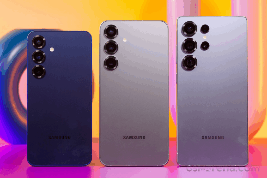 Three Samsung smartphones, likely from the Galaxy S25 series, are lined up vertically on a colorful, blurred background. From left to right, the phones are dark blue, light gray, and light purple. All three phones show their triple camera arrays on the upper left corner of their backs, and the Samsung logo is visible towards the bottom of each phone.