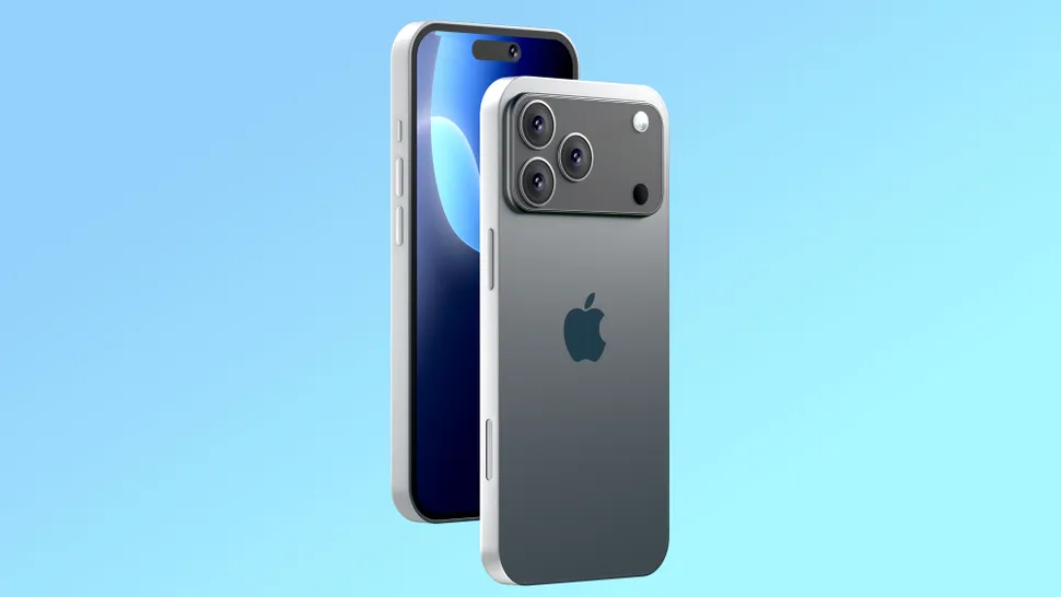 A silver iPhone is displayed from two angles against a light blue background. The front view shows the screen with a wallpaper of blue and white shapes, and the dynamic island at the top. The back view highlights the prominent triple camera system with three large lenses and a flash, alongside the Apple logo.