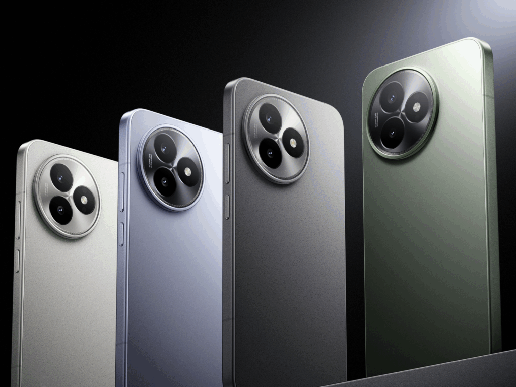 Four xiaomi 15t smartphones in silver, light blue, dark gray, and light green are shown standing upright against a dark backdrop, highlighting their circular rear camera modules with three lenses each.