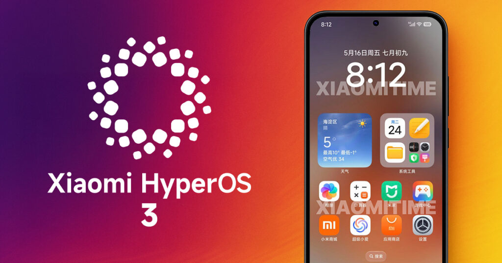 A split image with the Xiaomi HyperOS 3 logo on a purple and orange gradient background on the left, and a Xiaomi smartphone displaying the HyperOS interface on the right. The phone's screen shows the time 8:12, the date 'May 16th, Friday', weather widgets, and app icons including a Xiaomi folder, a settings gear, and other common apps.