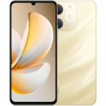 gold colored realme note 70 with a box shaped camera island housing dual cameras and a full screen display.
