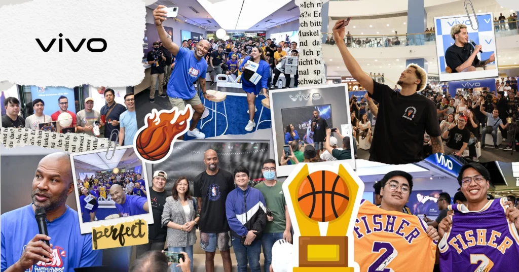 A collage of various photos from past vivo x NBA events. It features NBA players like Derek Fisher interacting with fans, signing autographs, and taking selfies. There are also images of a basketball trophy, the "vivo" logo, and fans holding basketball jerseys. The overall theme is lively and celebratory.