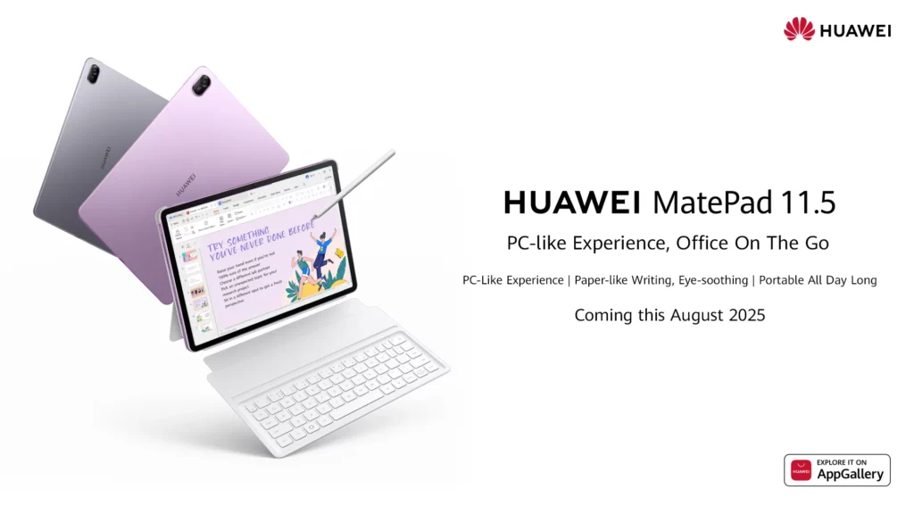 A person's hand using a HUAWEI M-Pencil on a purple HUAWEI MatePad 11.5 with a white detachable keyboard. The screen shows a presentation and the words 'PC-like Experience, Office On The Go'