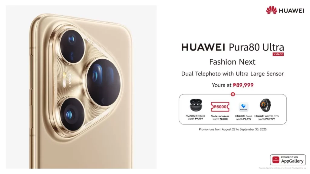 Huawei Pura80 Ultra smartphone in gold, highlighting the camera with dual telephoto and ultra large sensor. A promotion banner is visible, showing a price of ₱89,999.
