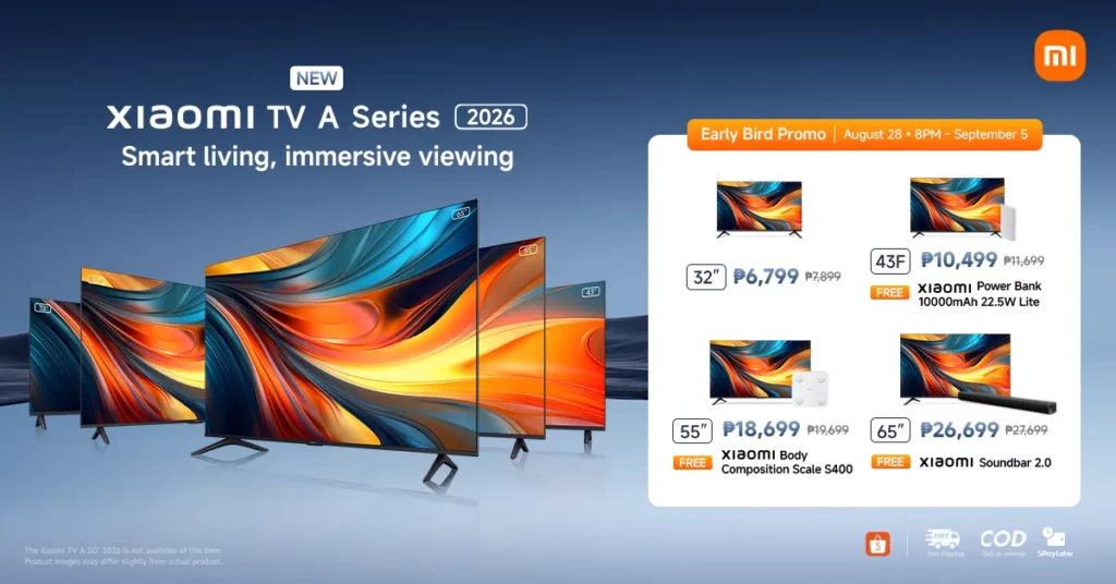 An advertisement for the new Xiaomi TV A 2026 Series, showing the 32-inch, 43-inch, 55-inch, and 65-inch models and details of an early bird promo with discounted prices and free gifts.