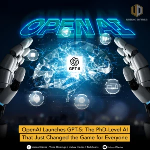 A graphic from Unbox Diaries about the launch of GPT-5. The image features two robotic hands reaching towards a glowing, wireframe human brain with a GPT-5 logo at its center. Surrounding the brain are various circular icons representing different concepts, such as a microchip, a human head, and a globe. The words "OPEN AI" are in a large, glowing blue font at the top. Below the central image is the text "OpenAI Launches GPT-5: The PhD-Level AI That Just Changed the Game for Everyone," with social media handles for Unbox Diaries and related names at the bottom.
