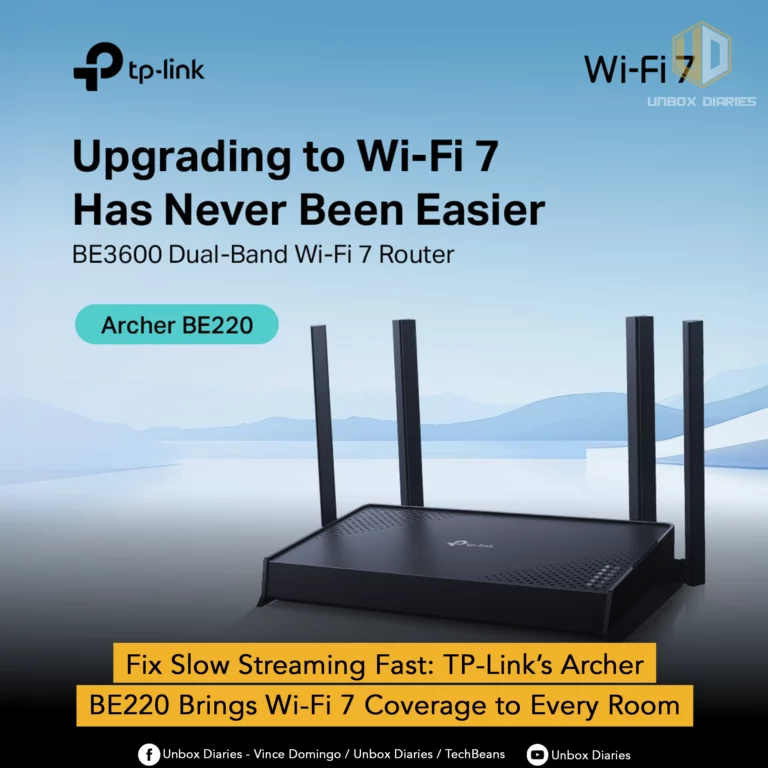 A promotional graphic for the TP-Link Archer BE220 Wi-Fi 7 router from Unbox Diaries. The image shows a black TP-Link router with four antennas against a blue and white background. The text "Upgrading to Wi-Fi 7 Has Never Been Easier" and "Archer BE220" is prominently featured. A yellow banner at the bottom reads "Fix Slow Streaming Fast: TP-Link's Archer BE220 Brings Wi-Fi 7 Coverage to Every Room." The TP-Link and Unbox Diaries logos are at the top.