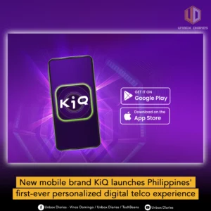 A dark purple graphic from Unbox Diaries promoting the new KiQ mobile brand. A smartphone with the KiQ logo is centered against a digital, wireframe background. Two buttons to the right, one for "Google Play" and one for the "App Store," indicate where to download the app. A yellow banner at the bottom contains the text "New mobile brand KiQ launches Philippines' first-ever personalized digital telco experience," with Unbox Diaries social media handles below it.