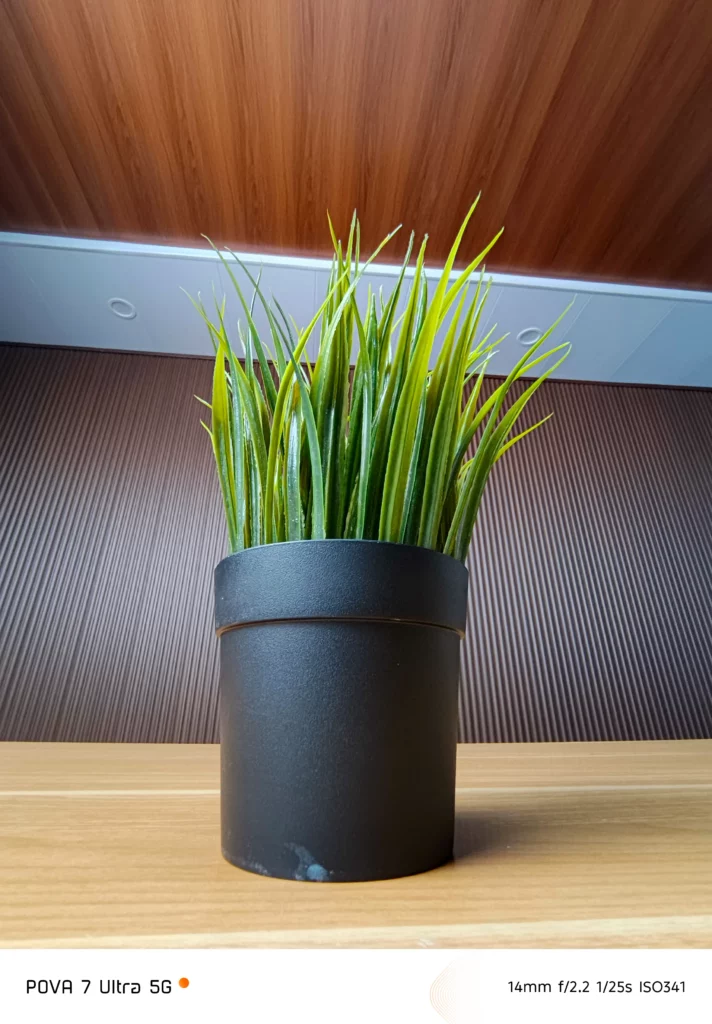 A vertical shot of a potted artificial plant, taken with the Tecno POVA 7 Ultra 5G, showcasing the phone's camera quality. The image includes metadata: POVA 7 Ultra 5G, 14mm, f/2.2, 1/25s, ISO341.