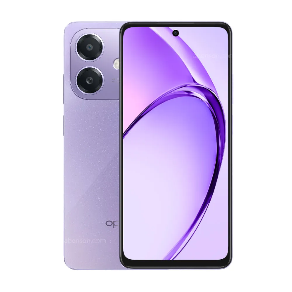 A product image of a purple Oppo smartphone. The phone is shown from the front and back, with the back camera module featuring two large circular lenses. The front screen displays a wavy purple and white graphic, and the phone has a small, centered hole-punch camera cutout.