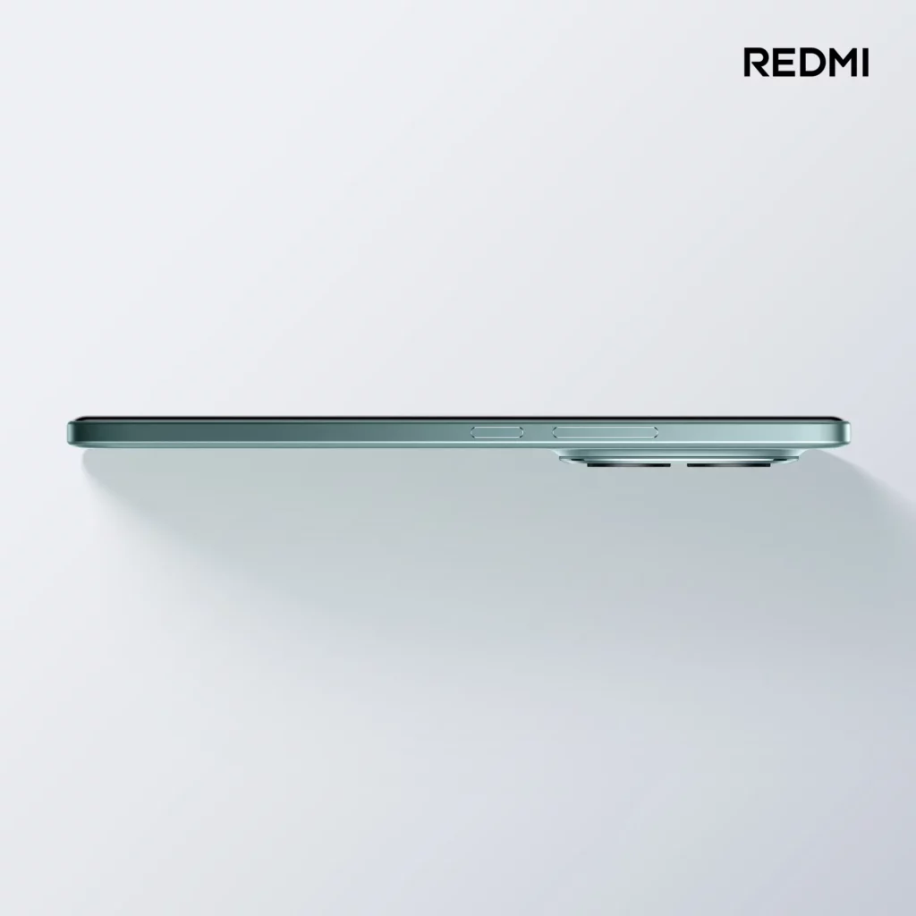 A side view of the Redmi Note 15 Pro+ showing its thin profile, power button, volume rockers, and the camera bump. The phone is a mint green color.